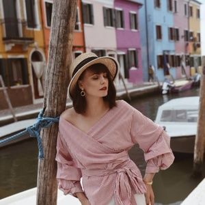 Zara Red & White Striped Wrap Shirt